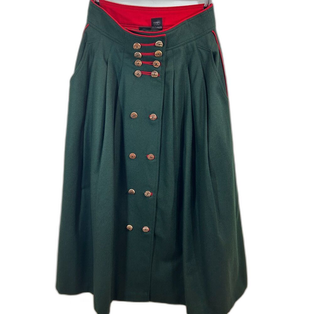 Lodenfrey Traditional Austrian Costume Midi Skirt Virgin Wool Forest Green & Red